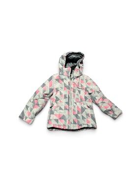 Kids Hooded Geometric Puffer Jacket in Pink & Gray